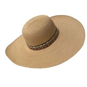 Straw Beach Cover Hat Wicker Beige Multicolored Embroidered Ribbon Summer Spring
